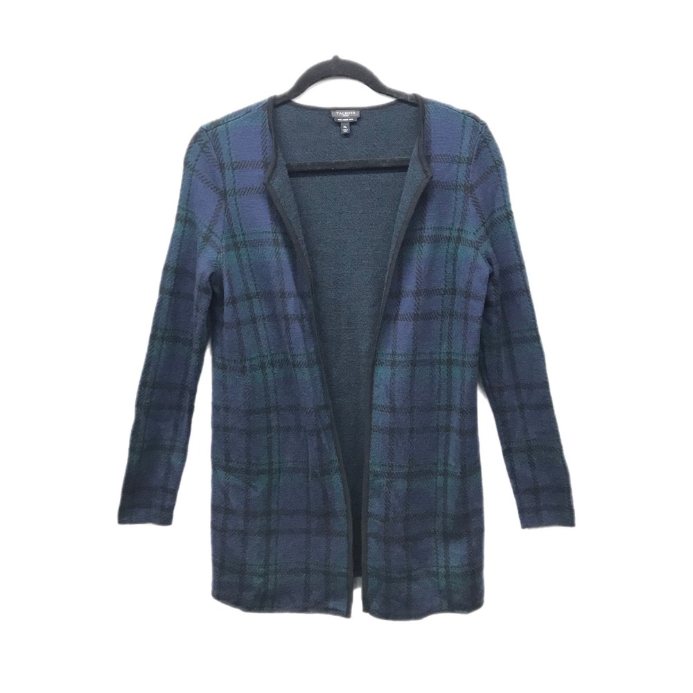 Talbots Petites Pure Merino Wool Navy Blue Green Plaid Open Front Cardigan MP